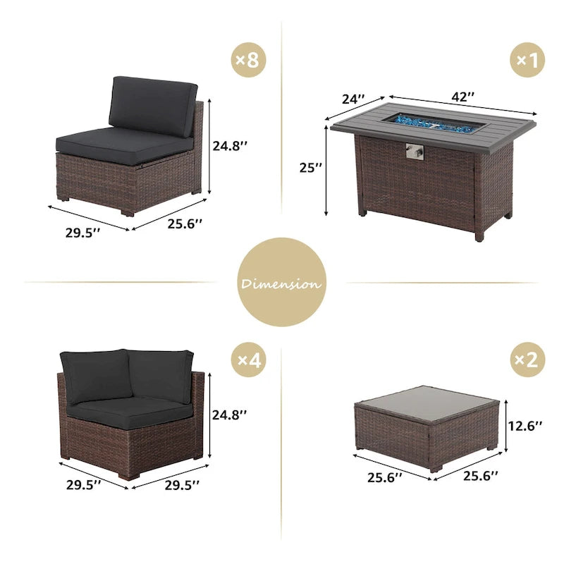 15 Piece Wicker Set Patio Sofa Furniture with Fire Pit And Table