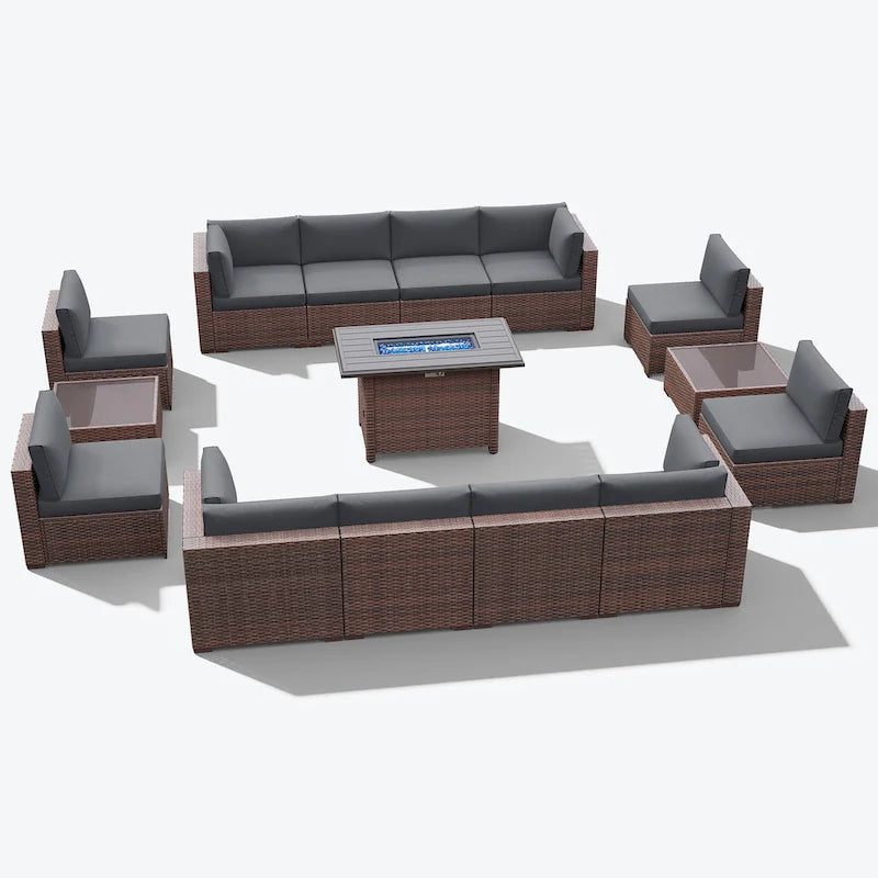 15 Piece Wicker Set Patio Sofa Furniture with Fire Pit And Table