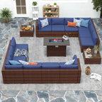 15 Piece Wicker Set Patio Sofa Furniture with Fire Pit And Table