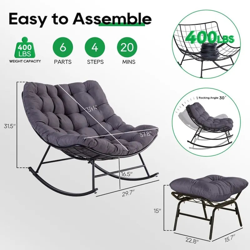 Outdoor Rocker Recliner Egg Reading Chair with Large Cushions (Set of 2)