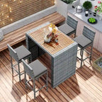 5-pieces Outdoor Patio Wicker Bar Set, Bar Height Chairs With Non-Slip Feet And Fixed Rope, Removable Cushion