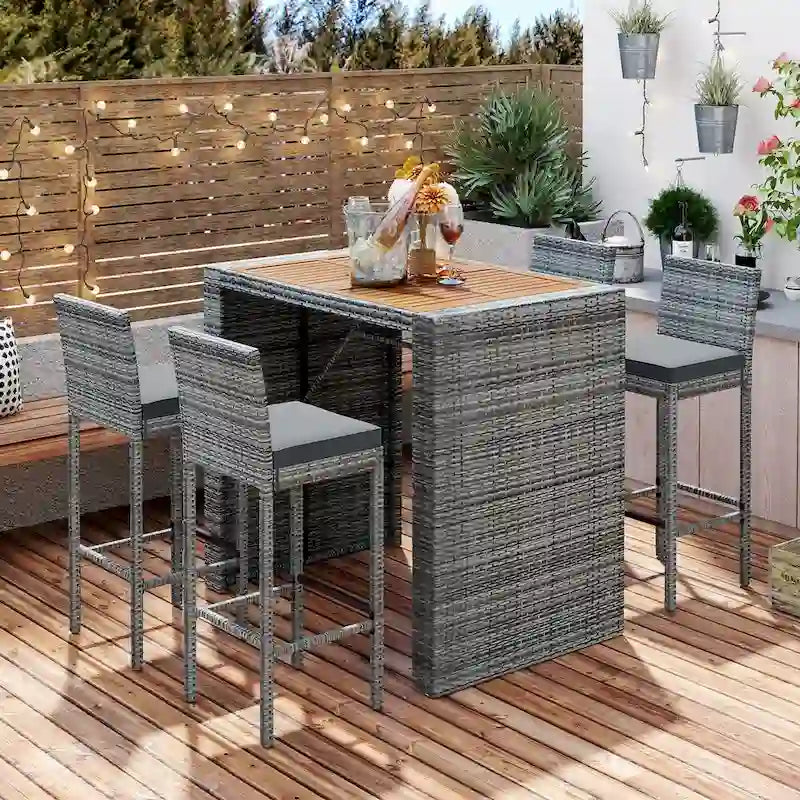5-pieces Outdoor Patio Wicker Bar Set, Bar Height Chairs With Non-Slip Feet And Fixed Rope, Removable Cushion