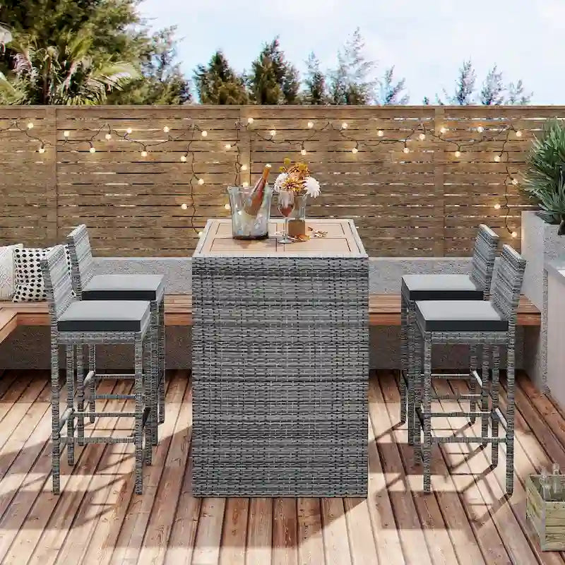 5-pieces Outdoor Patio Wicker Bar Set, Bar Height Chairs With Non-Slip Feet And Fixed Rope, Removable Cushion