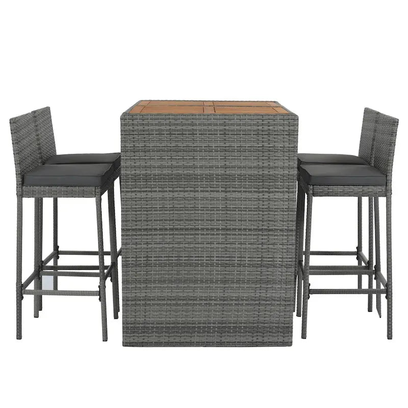 5-pieces Outdoor Patio Wicker Bar Set, Bar Height Chairs With Non-Slip Feet And Fixed Rope, Removable Cushion