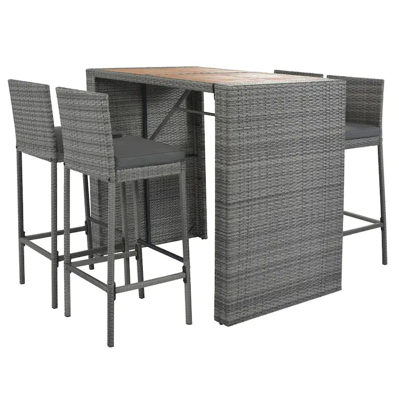 5-pieces Outdoor Patio Wicker Bar Set, Bar Height Chairs With Non-Slip Feet And Fixed Rope, Removable Cushion