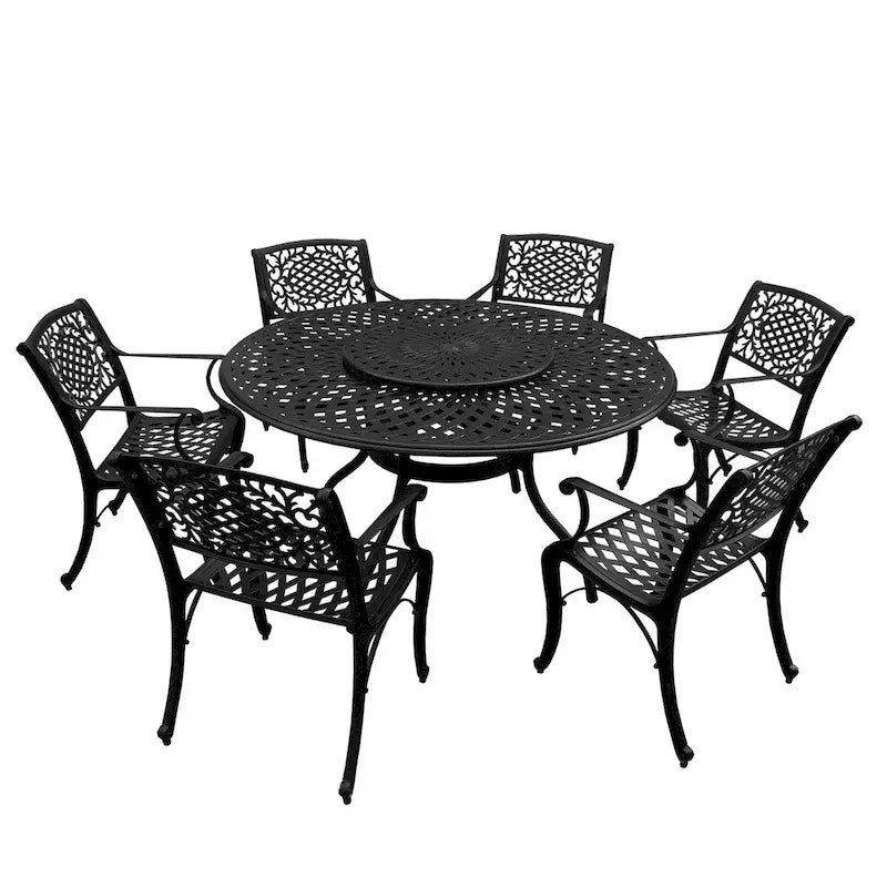 Outdoor Lattice 59-in. Round Dining Set with Lazy Susan and Six Chairs