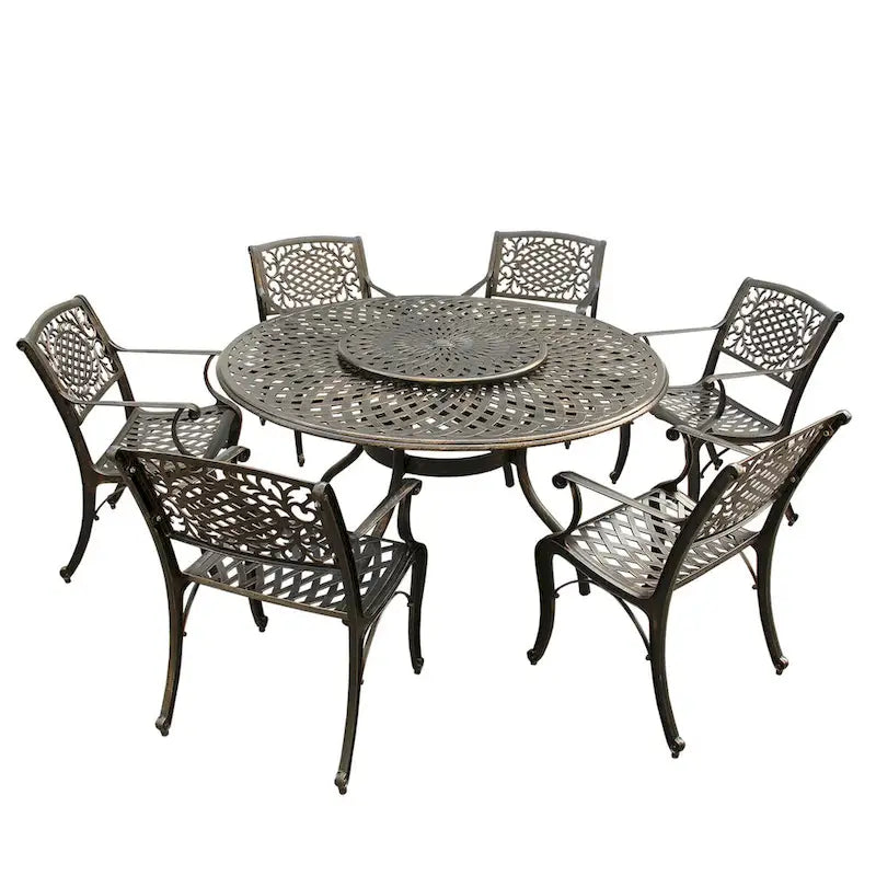 Outdoor Lattice 59-in. Round Dining Set with Lazy Susan and Six Chairs