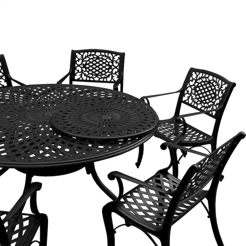 Outdoor Lattice 59-in. Round Dining Set with Lazy Susan and Six Chairs