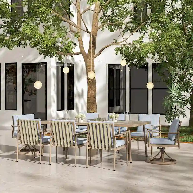 SleekLine 9-Piece Aluminum Patio Dining Set with Webbing Chair Back and Removable Cushions