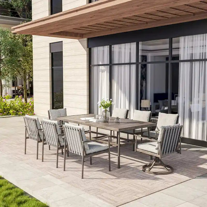 SleekLine 9-Piece Aluminum Patio Dining Set with Webbing Chair Back and Removable Cushions