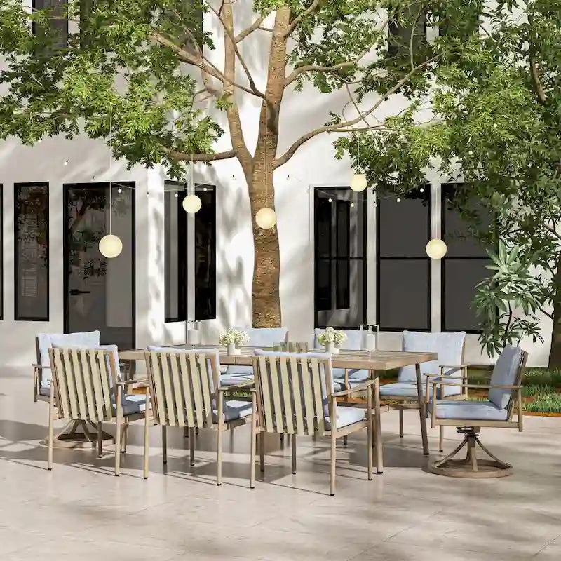 SleekLine 9-Piece Aluminum Patio Dining Set with Webbing Chair Back and Removable Cushions