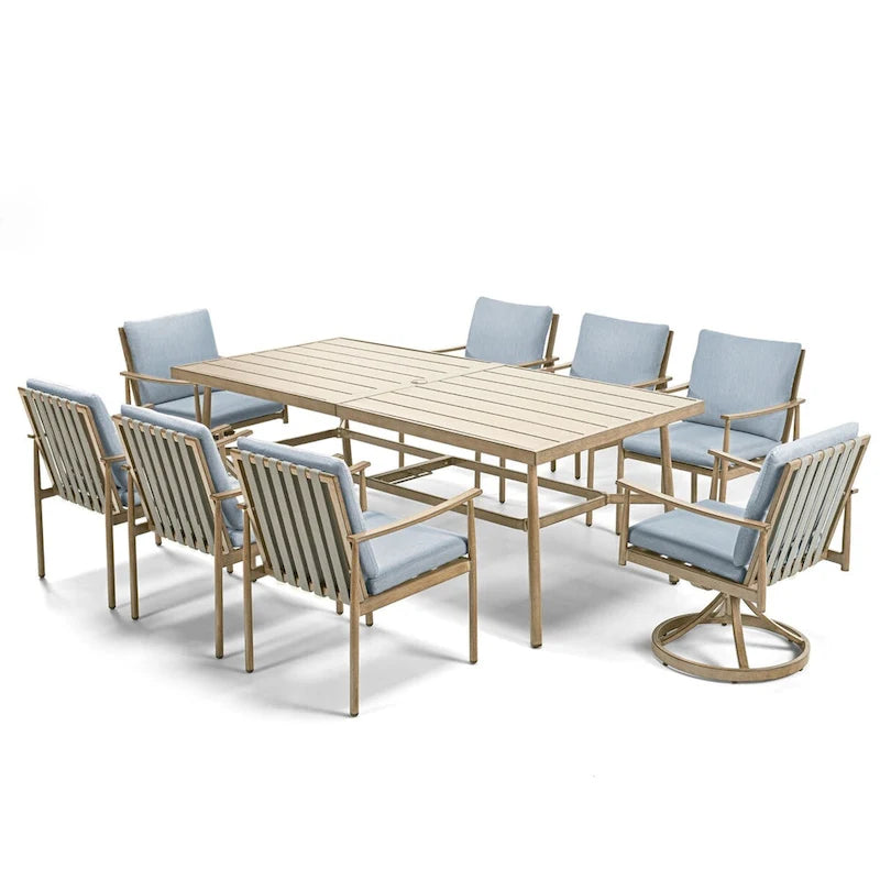 SleekLine 9-Piece Aluminum Patio Dining Set with Webbing Chair Back and Removable Cushions