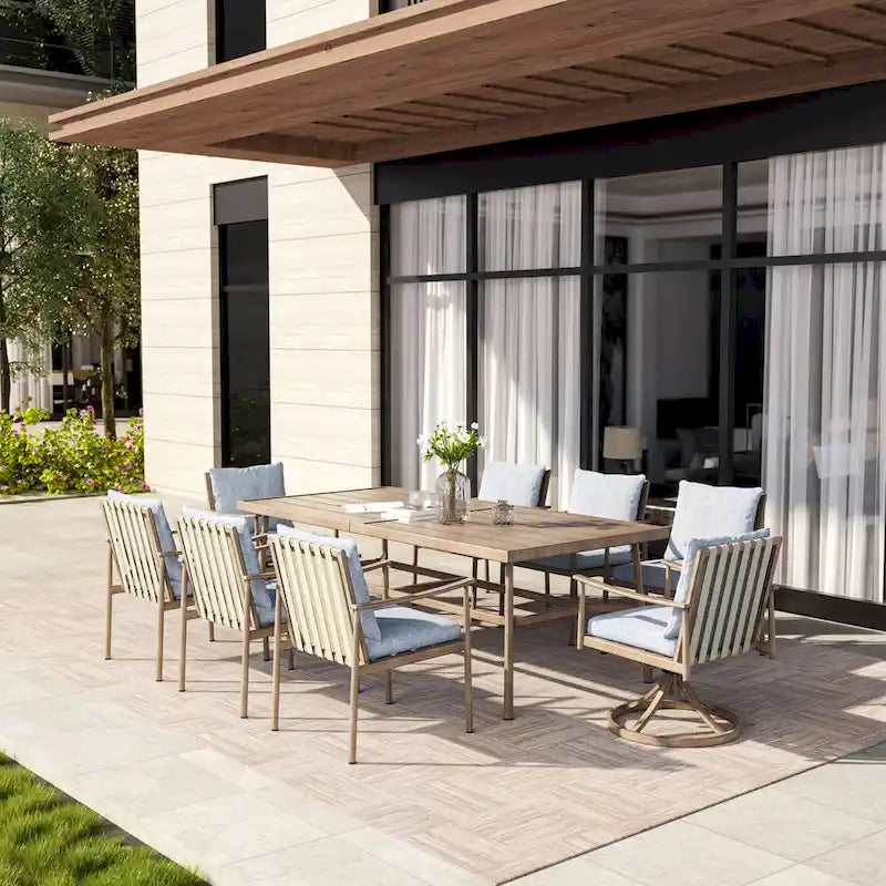 SleekLine 9-Piece Aluminum Patio Dining Set with Webbing Chair Back and Removable Cushions