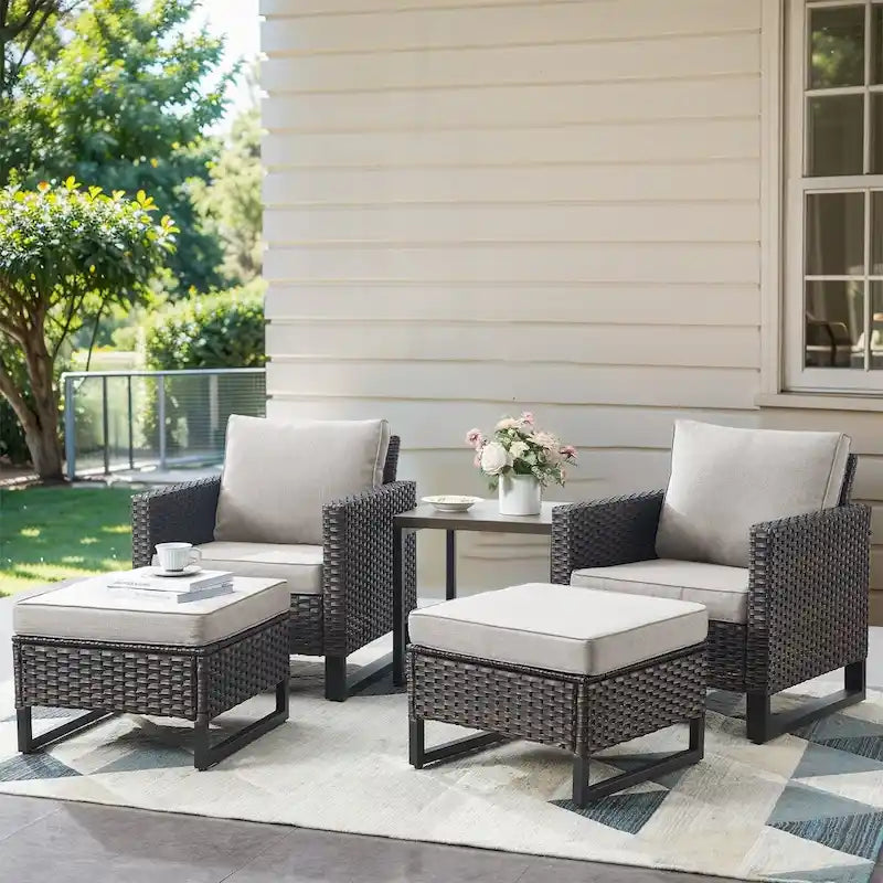 PE Wicker Rattan Outdoor Chair and Ottoman Set - Brown