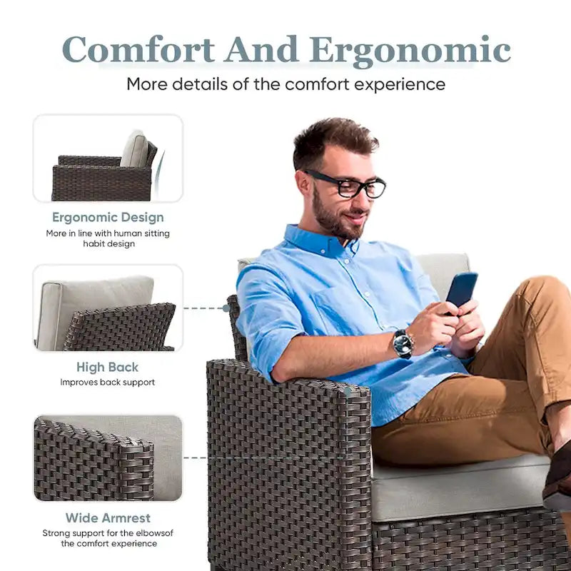 PE Wicker Rattan Outdoor Chair and Ottoman Set - Brown