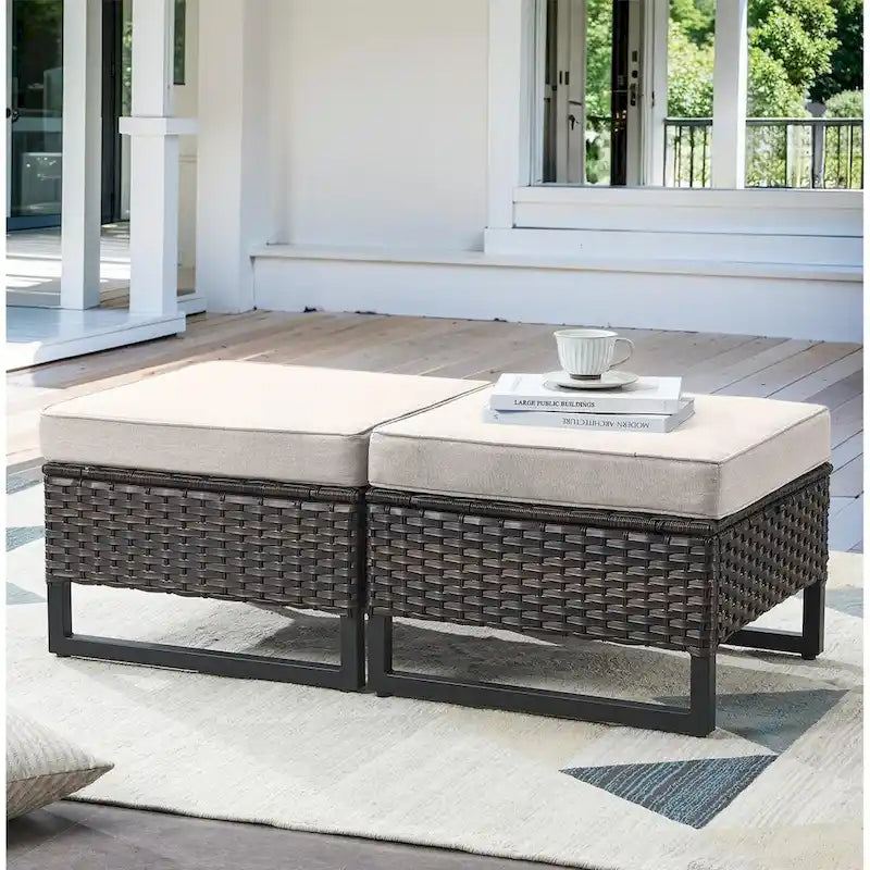 PE Wicker Rattan Outdoor Chair and Ottoman Set - Brown