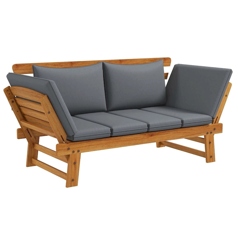 Outsunny Wooden Garden Bench for Outdoor with Cushions, Adjustable Armrests Front Porch Bench, Multifunctional Patio Loveseat