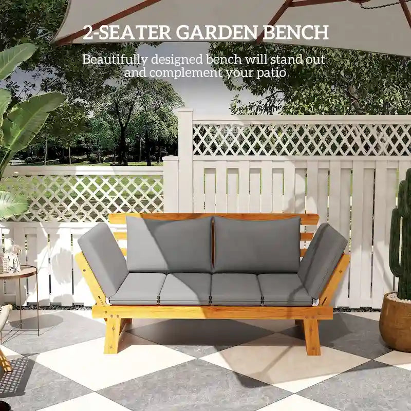 Outsunny Wooden Garden Bench for Outdoor with Cushions, Adjustable Armrests Front Porch Bench, Multifunctional Patio Loveseat