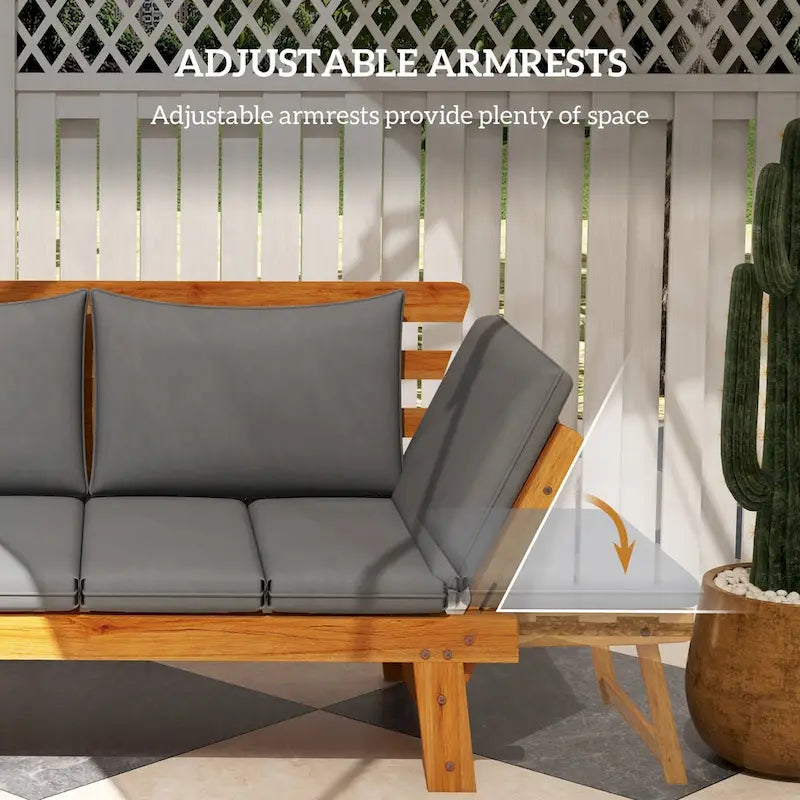 Outsunny Wooden Garden Bench for Outdoor with Cushions, Adjustable Armrests Front Porch Bench, Multifunctional Patio Loveseat
