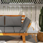 Outsunny Wooden Garden Bench for Outdoor with Cushions, Adjustable Armrests Front Porch Bench, Multifunctional Patio Loveseat