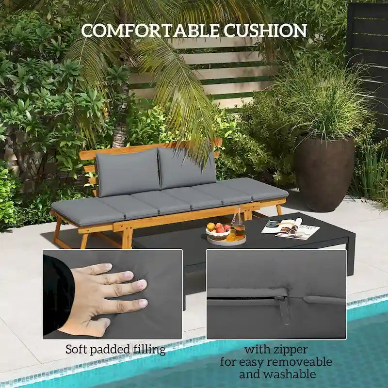 Outsunny Wooden Garden Bench for Outdoor with Cushions, Adjustable Armrests Front Porch Bench, Multifunctional Patio Loveseat