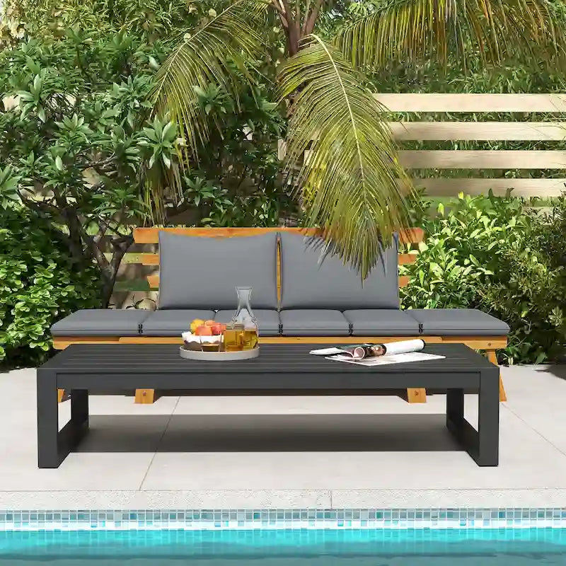 Outsunny Wooden Garden Bench for Outdoor with Cushions, Adjustable Armrests Front Porch Bench, Multifunctional Patio Loveseat
