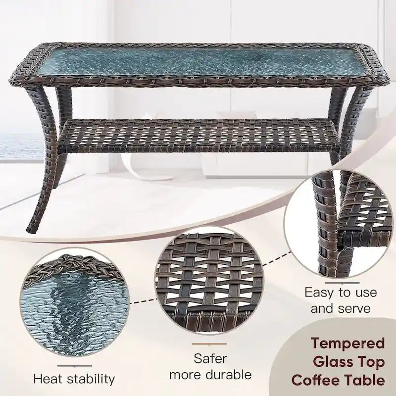 Outdoor Sofa with Swivel Chair Ottomans and Coffee Table - Brown