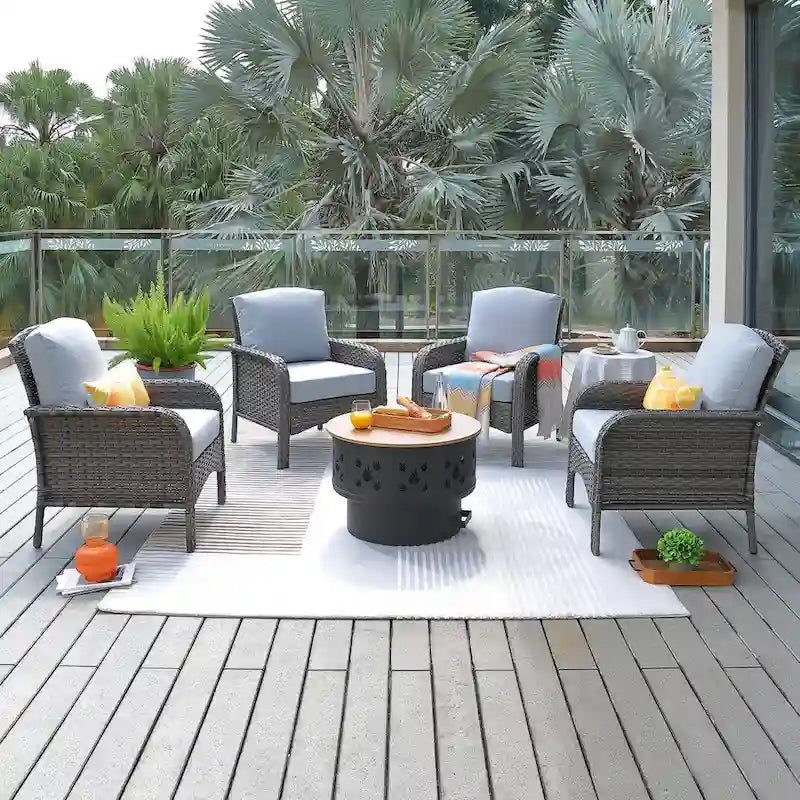 HOOOWOOO 5-piece Patio Wicker Chair Set with Wood Burning Fire Pit