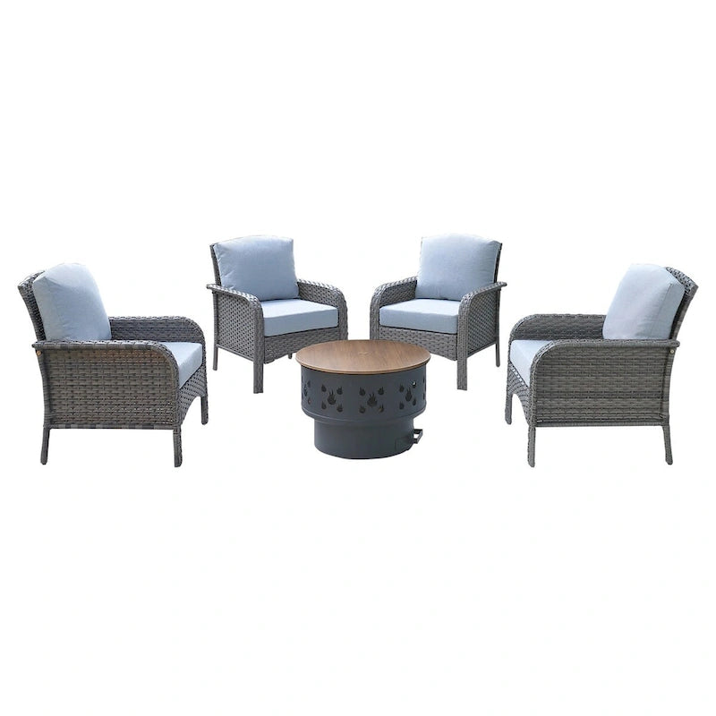 HOOOWOOO 5-piece Patio Wicker Chair Set with Wood Burning Fire Pit
