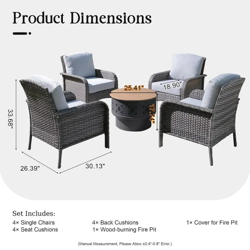 HOOOWOOO 5-piece Patio Wicker Chair Set with Wood Burning Fire Pit