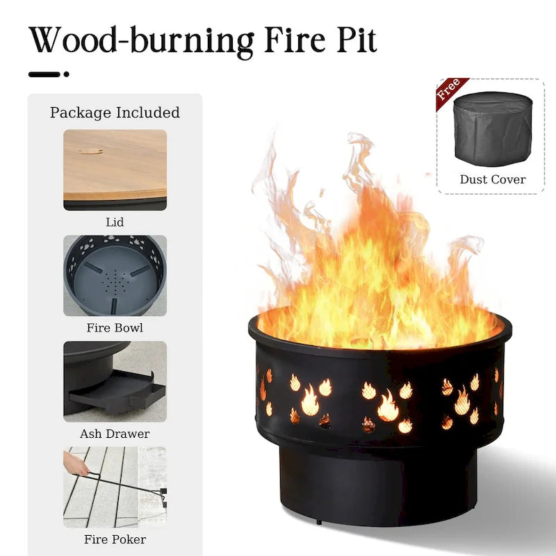 HOOOWOOO 5-piece Patio Wicker Chair Set with Wood Burning Fire Pit