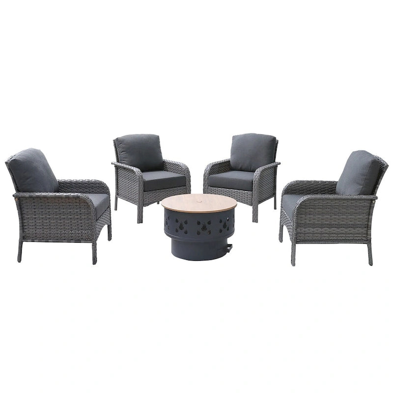 HOOOWOOO 5-piece Patio Wicker Chair Set with Wood Burning Fire Pit