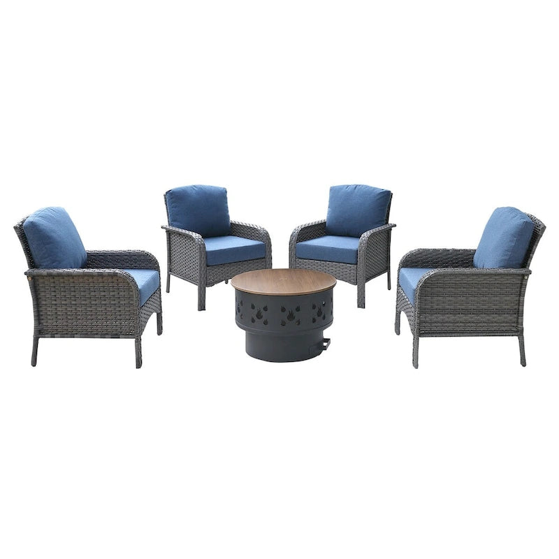 HOOOWOOO 5-piece Patio Wicker Chair Set with Wood Burning Fire Pit