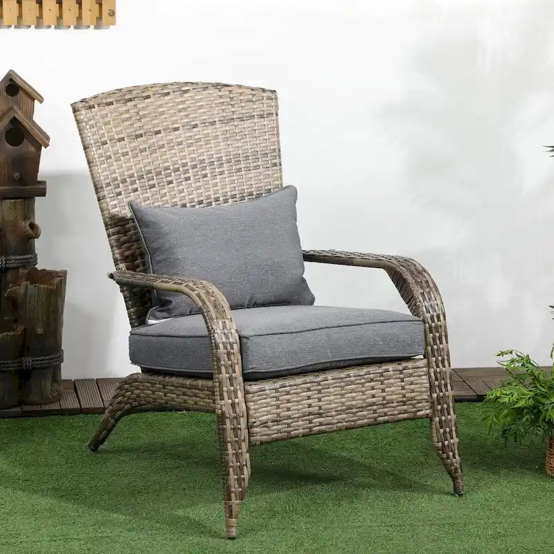 Patio Wicker Adirondack Chair with Soft Cushions, Tall Curved Backrest & Comfortable Armrests