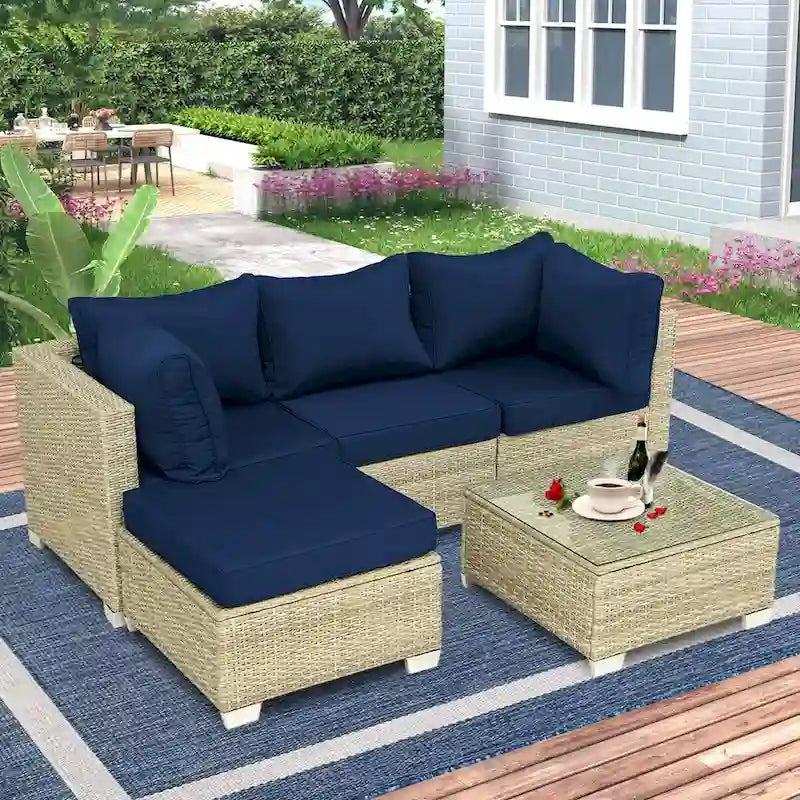 5-Piece Wicker Outdoor Sectional Set with Cushions and Coffee Table