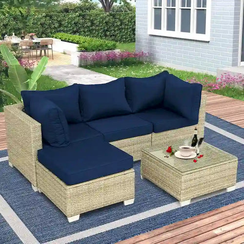 5-Piece Wicker Outdoor Sectional Set with Cushions and Coffee Table