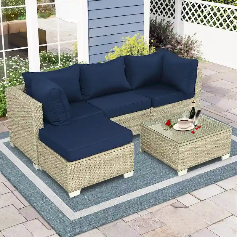 5-Piece Wicker Outdoor Sectional Set with Cushions and Coffee Table