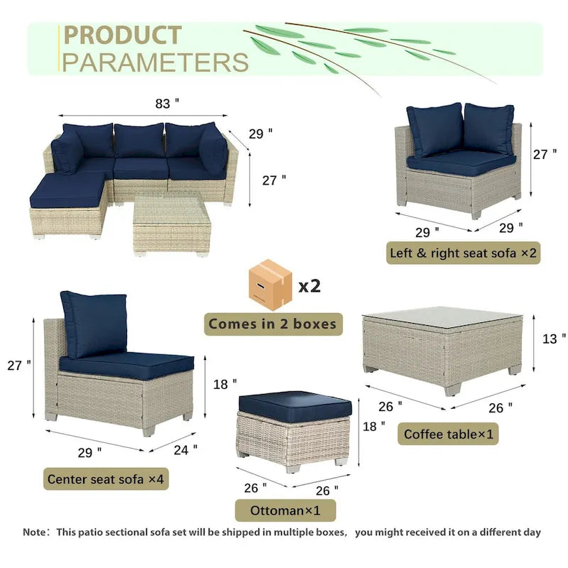 5-Piece Wicker Outdoor Sectional Set with Cushions and Coffee Table
