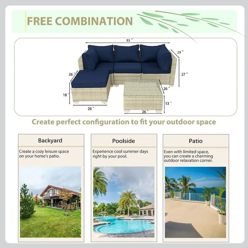 5-Piece Wicker Outdoor Sectional Set with Cushions and Coffee Table