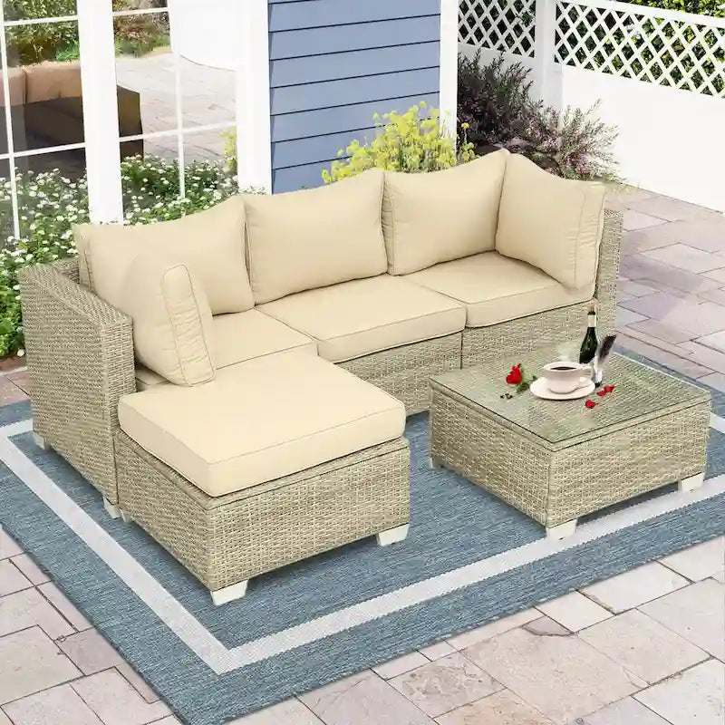 5-Piece Wicker Outdoor Sectional Set with Cushions and Coffee Table
