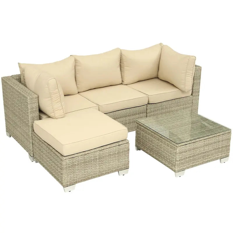 5-Piece Wicker Outdoor Sectional Set with Cushions and Coffee Table