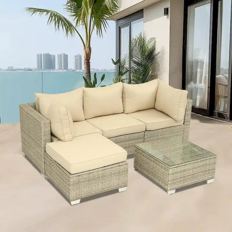5-Piece Wicker Outdoor Sectional Set with Cushions and Coffee Table