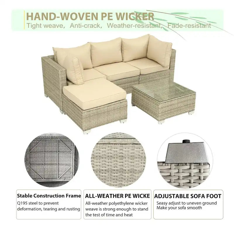 5-Piece Wicker Outdoor Sectional Set with Cushions and Coffee Table