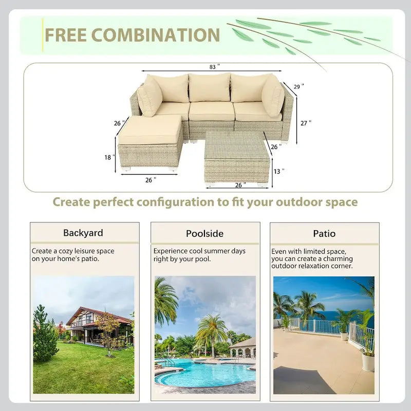 5-Piece Wicker Outdoor Sectional Set with Cushions and Coffee Table