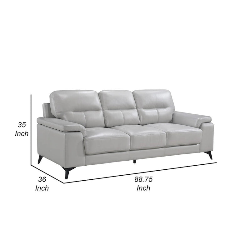 Mica 89 Inch Sofa, Light Gray Top Grain and Faux Leather, Black Metal Legs