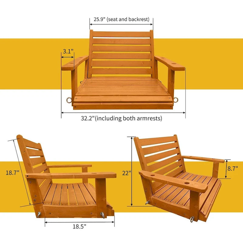 Wooden Porch Swing, Bench Swing with Hanging Chains and 7mm Springs, Heavy Duty 800 LBS, for Outdoor Patio Garden Yard