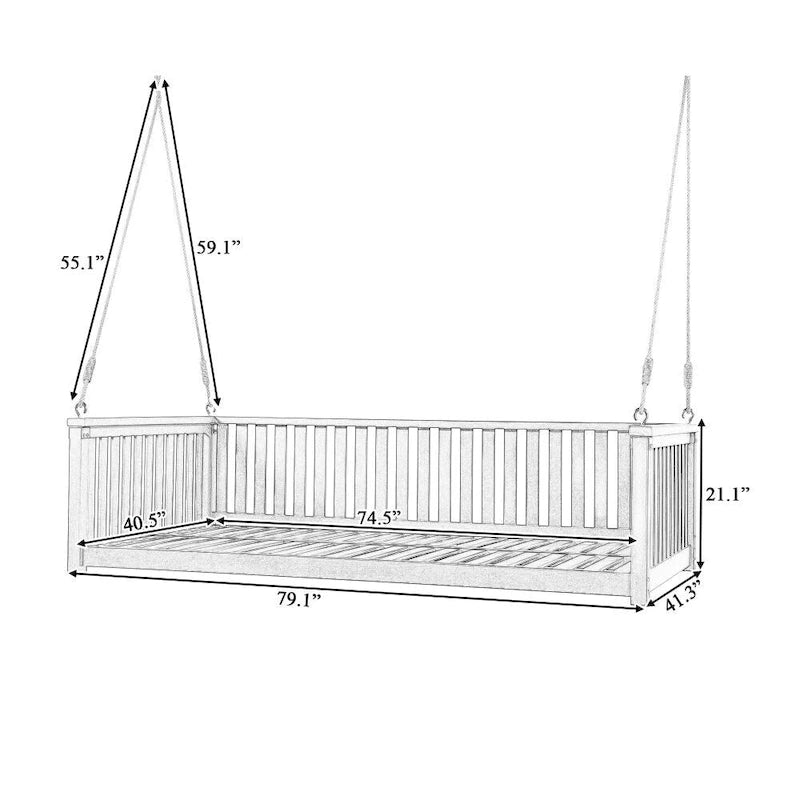 Patio Minimalist Twin Size Garden Swing Bed Wood Porch Swing with Ropes for Backyard