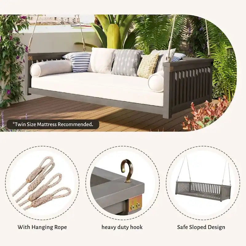 Patio Minimalist Twin Size Garden Swing Bed Wood Porch Swing with Ropes for Backyard
