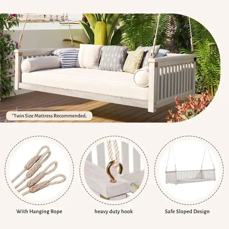 Patio Minimalist Twin Size Garden Swing Bed Wood Porch Swing with Ropes for Backyard