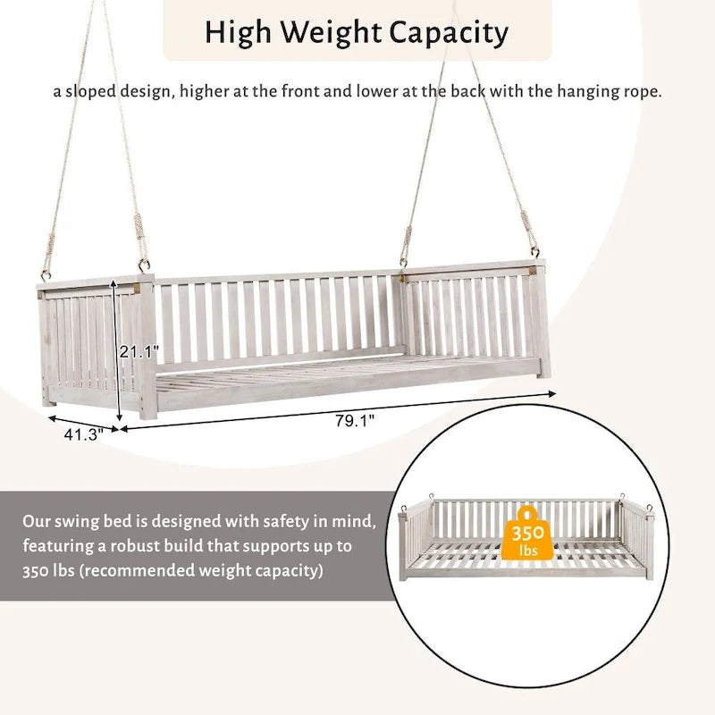 Patio Minimalist Twin Size Garden Swing Bed Wood Porch Swing with Ropes for Backyard
